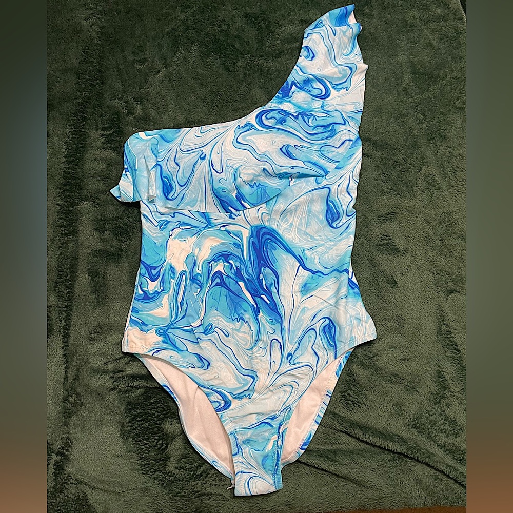 Blue marble one piece swim suit.